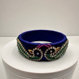Vintage 90s Silk Thread Bangle Royal Blue Rhinestone Bracelet Bead Peacock Motif